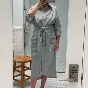 Blue & White Striped Midi Shirt Dress